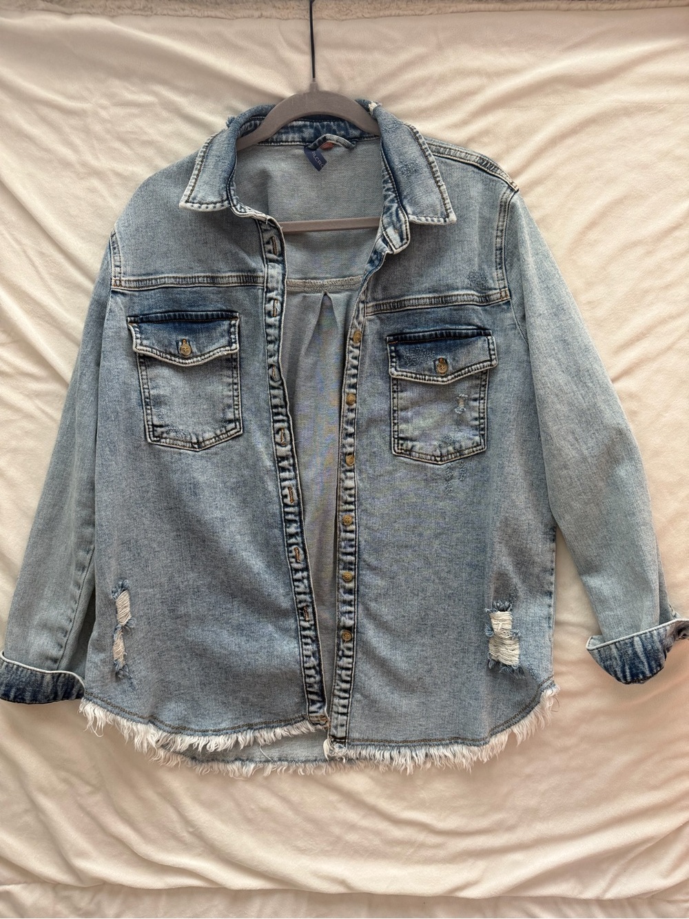 Pilcro Light Blue Distressed Jean Jacket with Frayed Hem